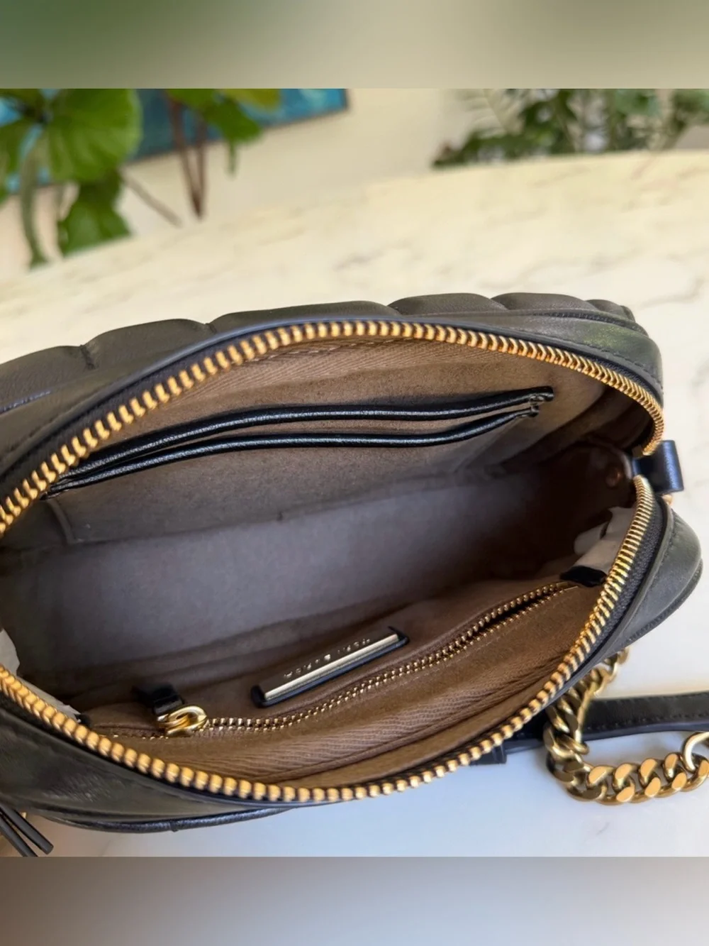 Tory Burch Kira Quilted Leather Mini Camera Crossbody Bag Black / Gold
